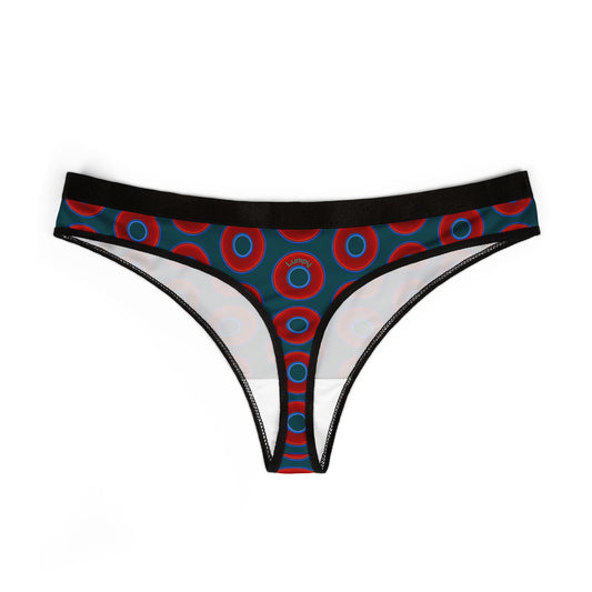 Lumpy Donut Thongs - red vivid donut print w/midnight teal green background