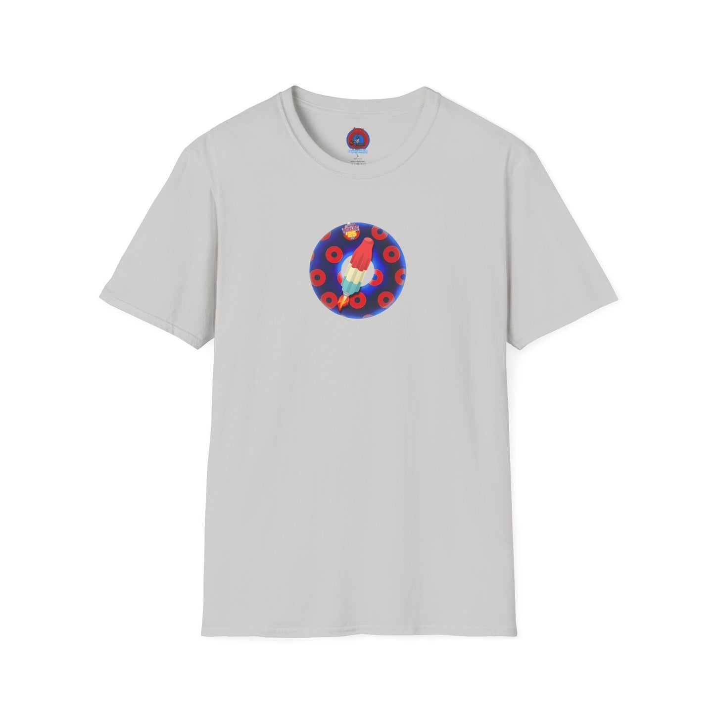 Classic Donut Tee - Unisex Soft-Style - "Blow this Popsicle Stand" - blue/red paradox bomb pop donut - variant 3
