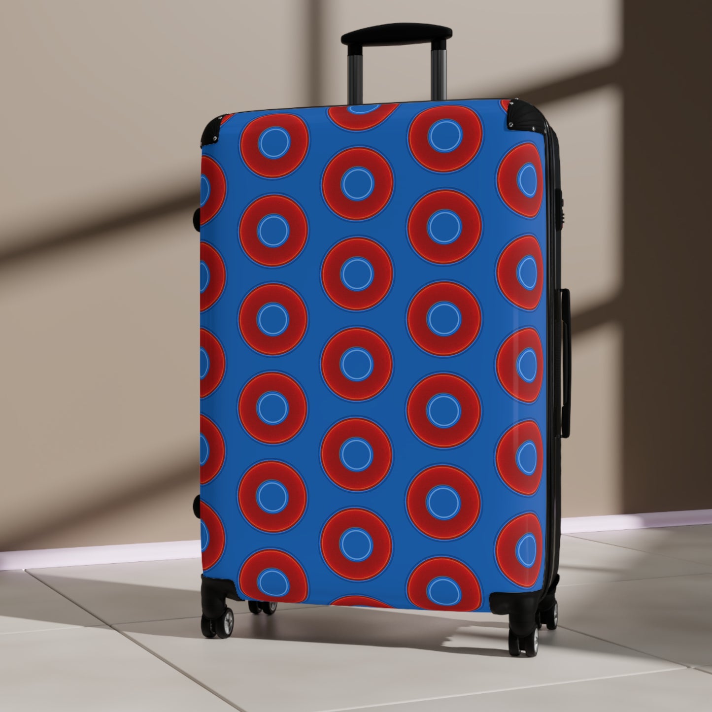 The Very Lumpy Donut Suitcase series - your choice of S, M or L - vivid red donut print w/dark royal blue background