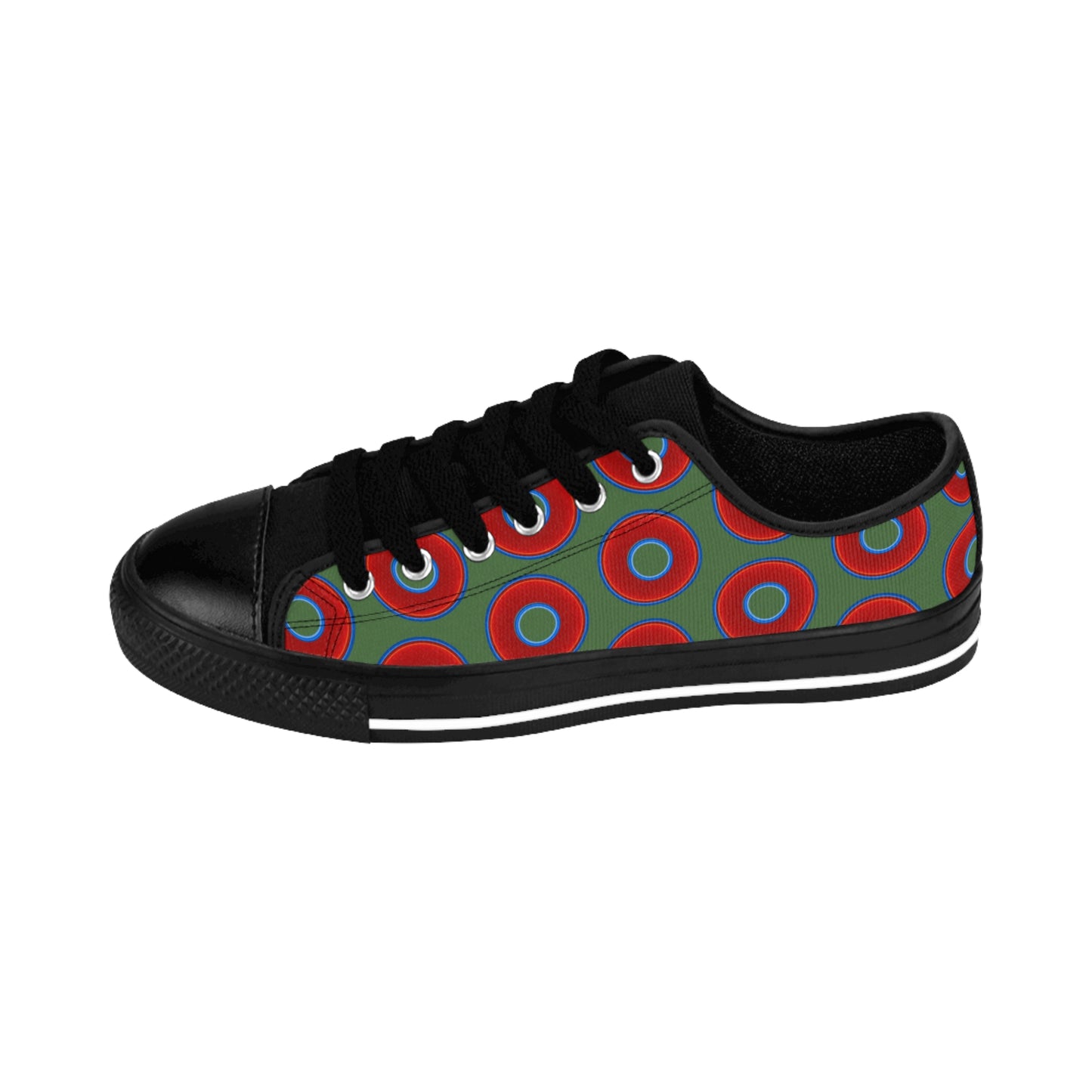 Women's Cushiony Convectors - Low Top - large red vivid donut print w/dark green background