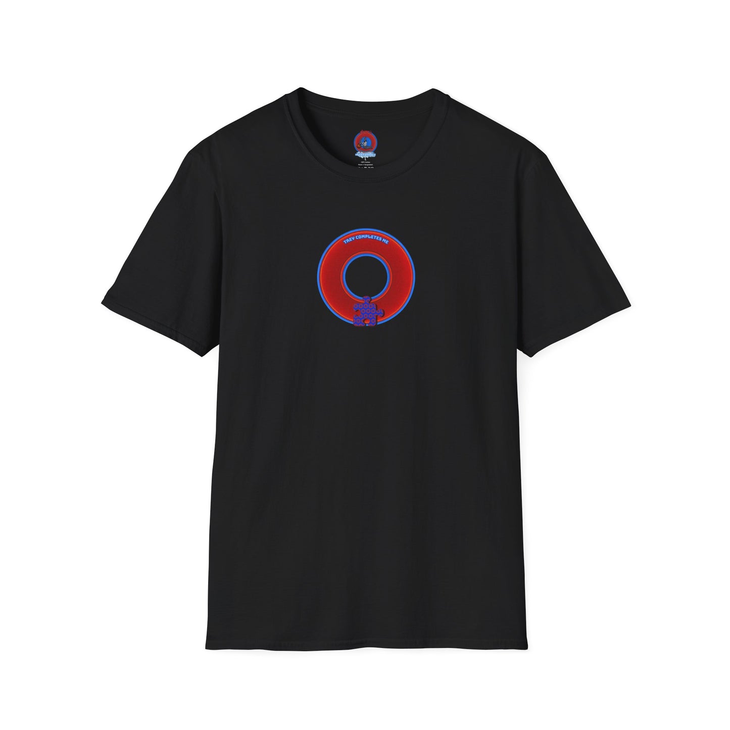 Classic Donut Tee - Unisex Soft-Style - "Trey's Completed Donut" - vivid red/blue donut