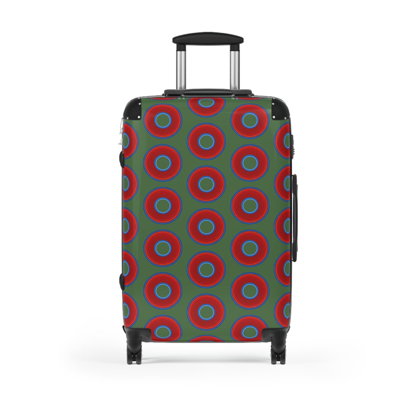 The Very Lumpy Donut Suitcase series - your choice of S, M or L - vivid red donut print w/dark Fenway green background