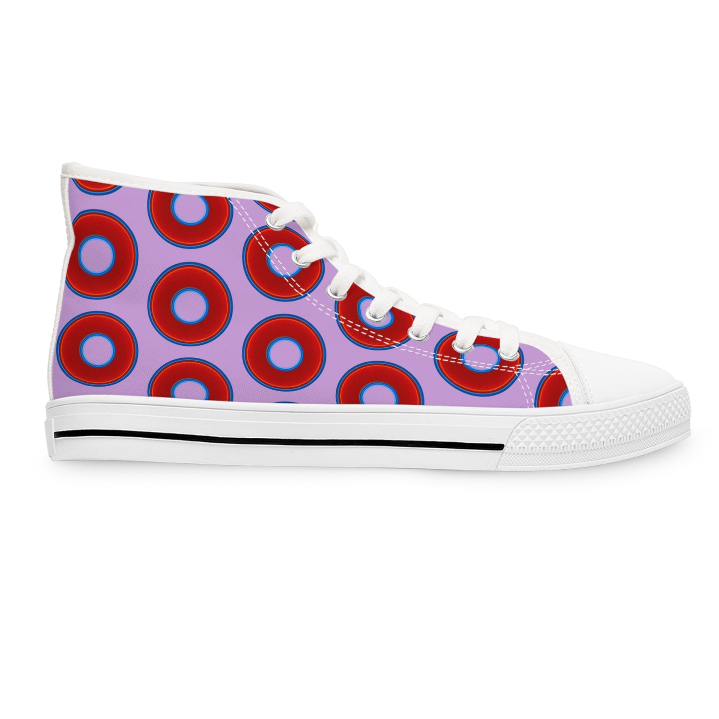 Women's High Top Chuck Taylors - large vivid red donut print w/wisteria purple background