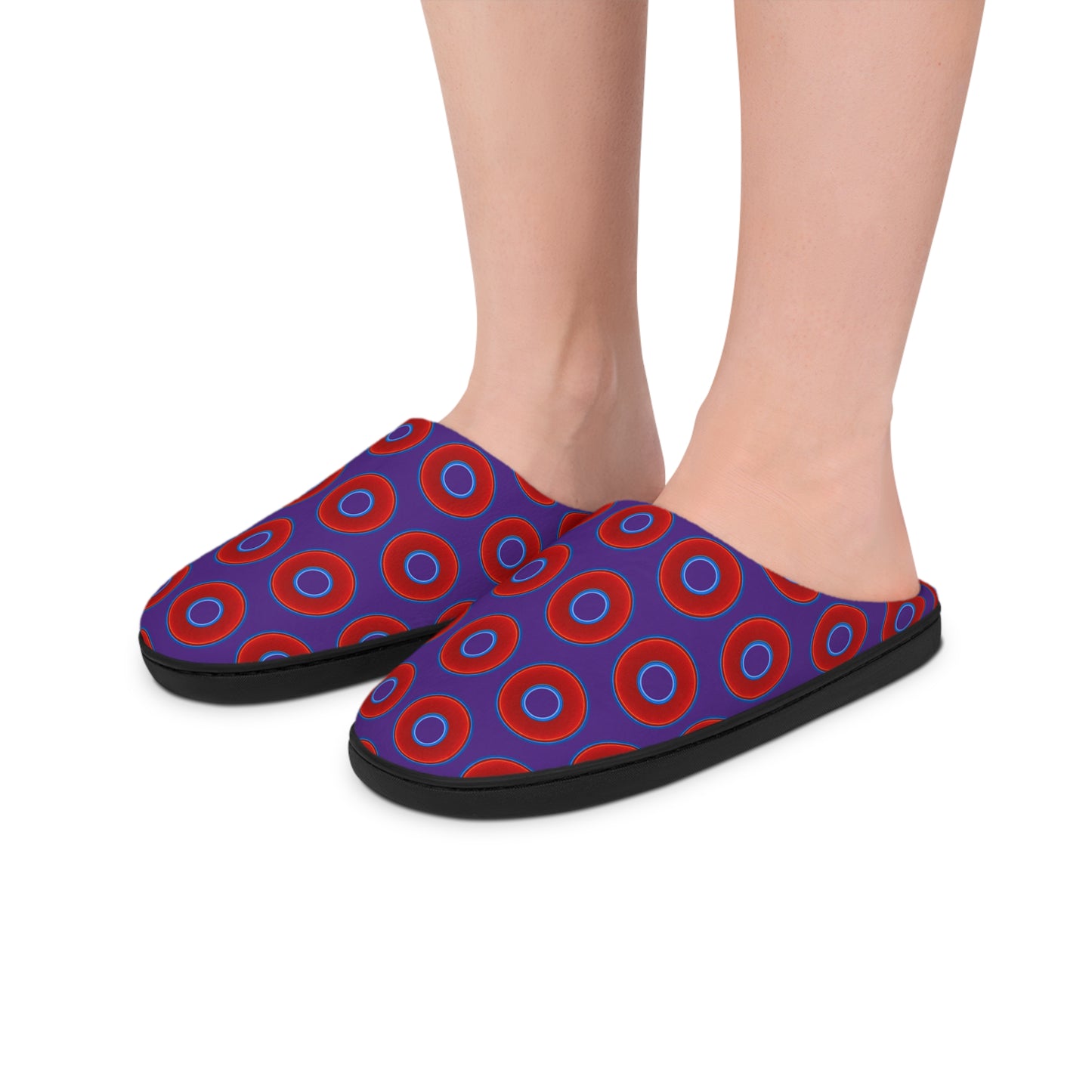 Women's Lumpy Slippers - red vivid donut print w/purple background