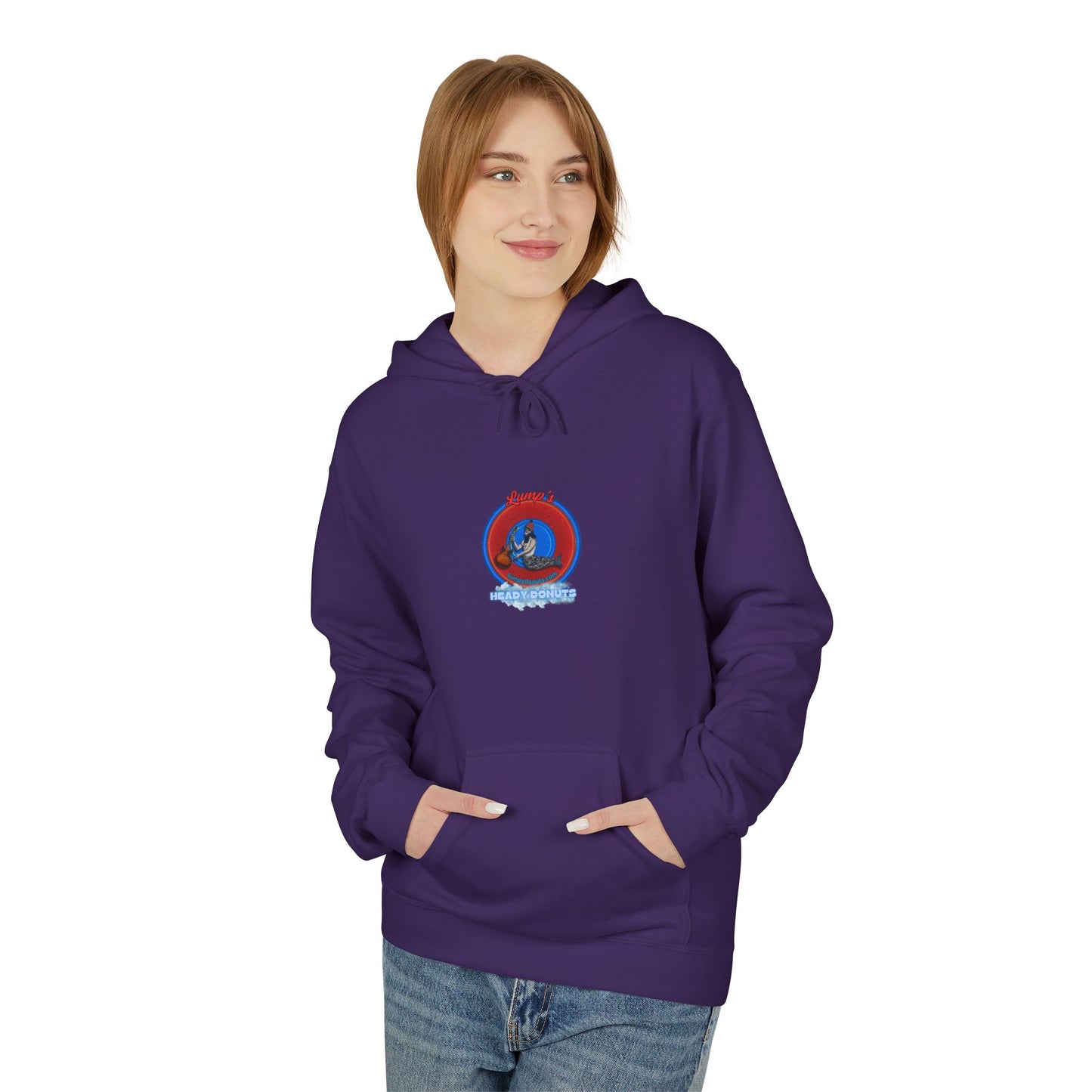 Unisex Fleece Hoodie - [Midweight Soft-style] - "Lump's Heady Logo" - w/rustic red donuts