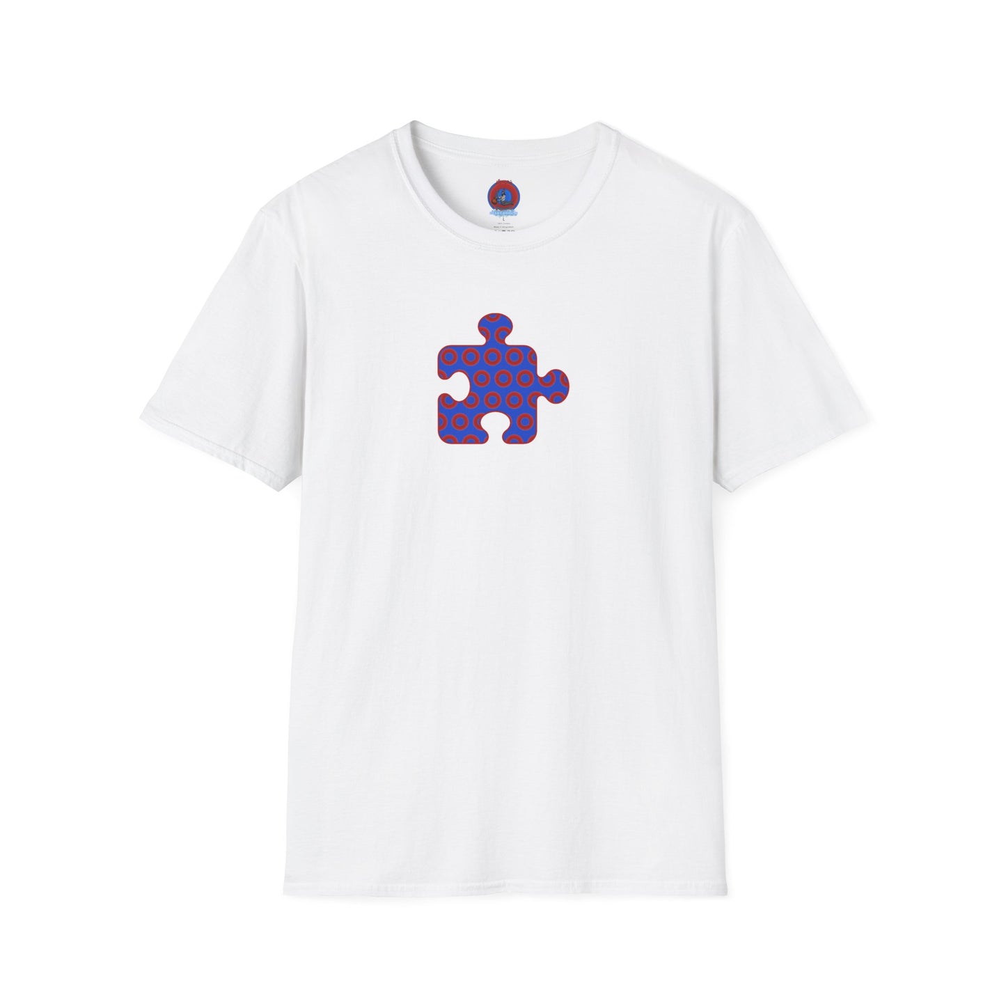 Classic Donut Tee - Unisex Soft-Style - "Trey's Completed Donut Pattern" - vivid red/blue puzzle pattern - variant 2