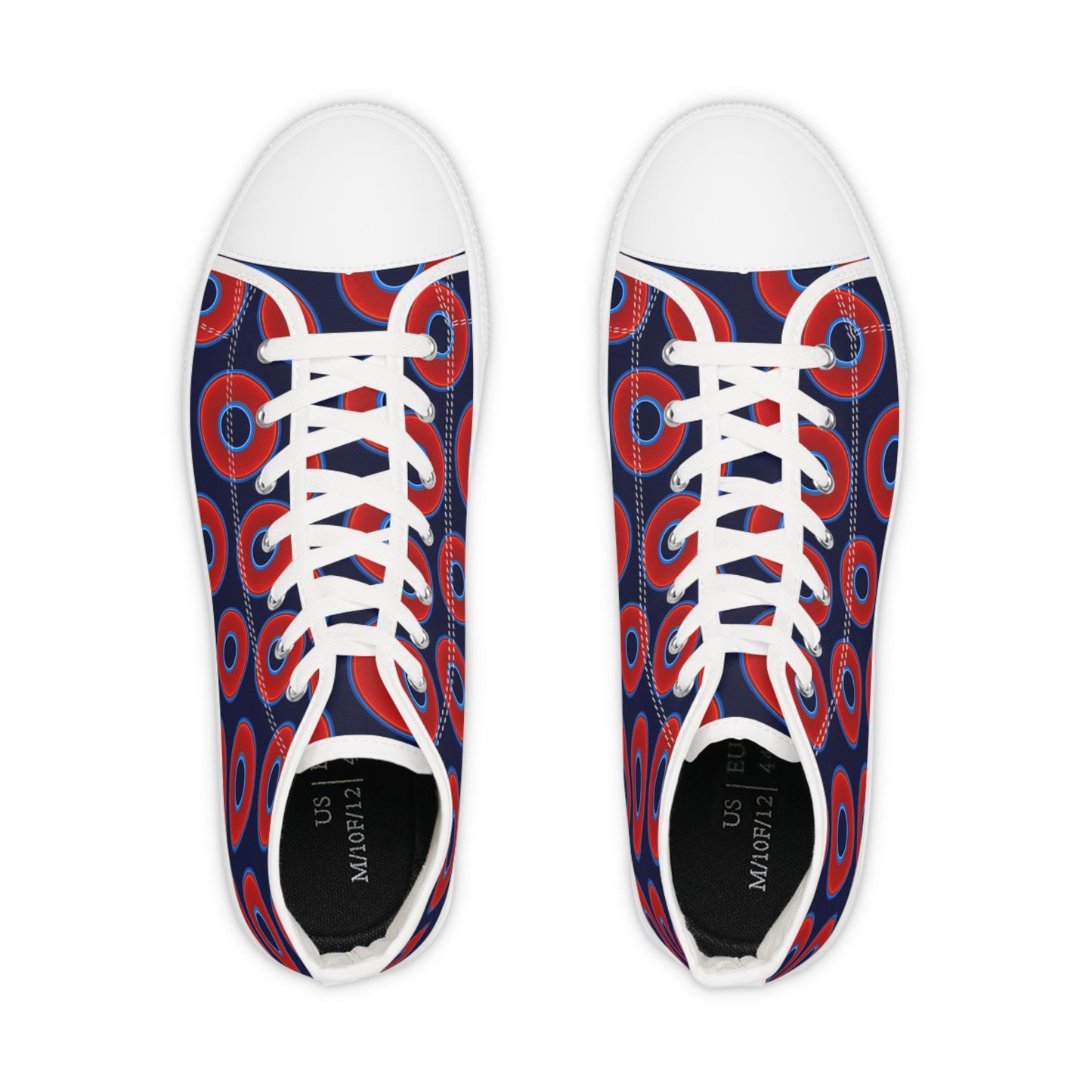 Men's High Top Chucks - large vivid red donut print w/dark navy blue background