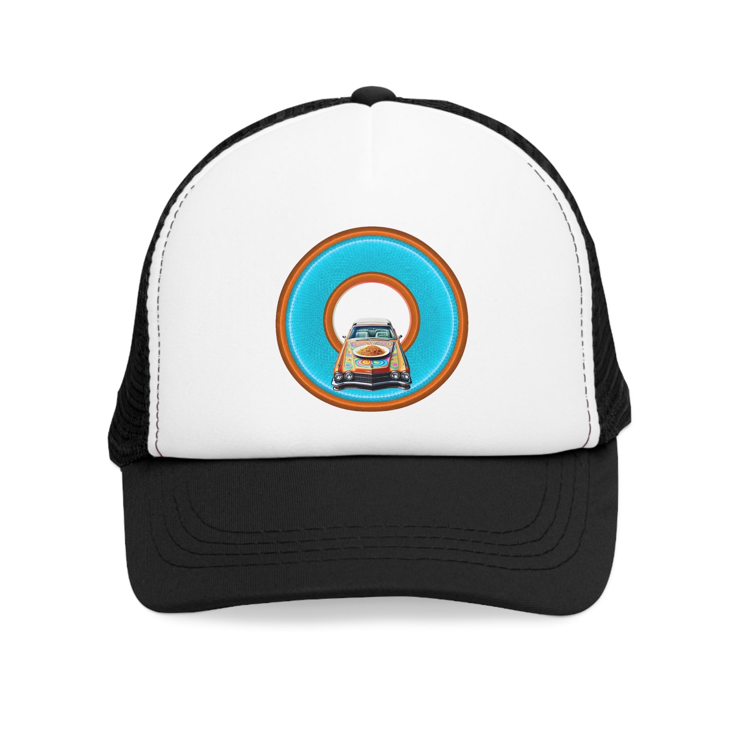 Lumpy Trucker Hat - "Cadillac Rainbows & Eating on the Run" - variant 3 - turquoise/orange donut