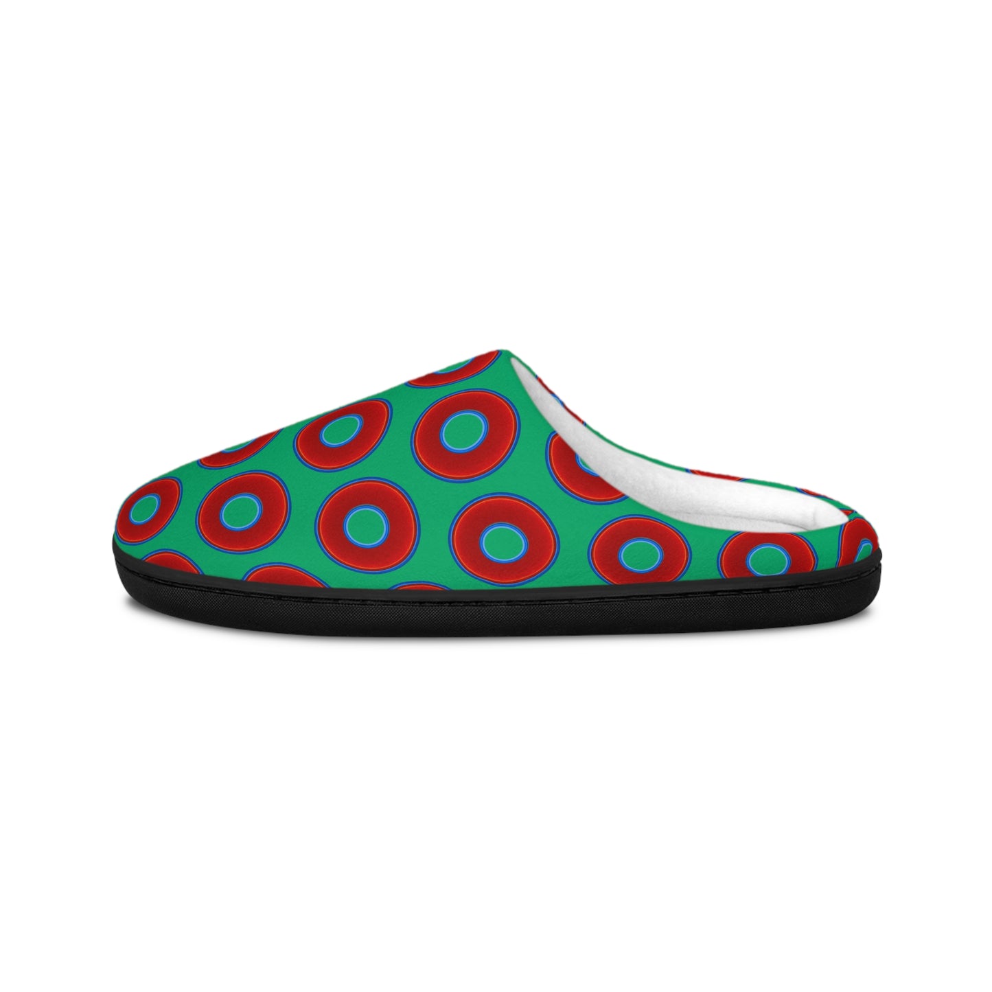 Men's Lumpy Slippers - red vivid donut print w/jade green background