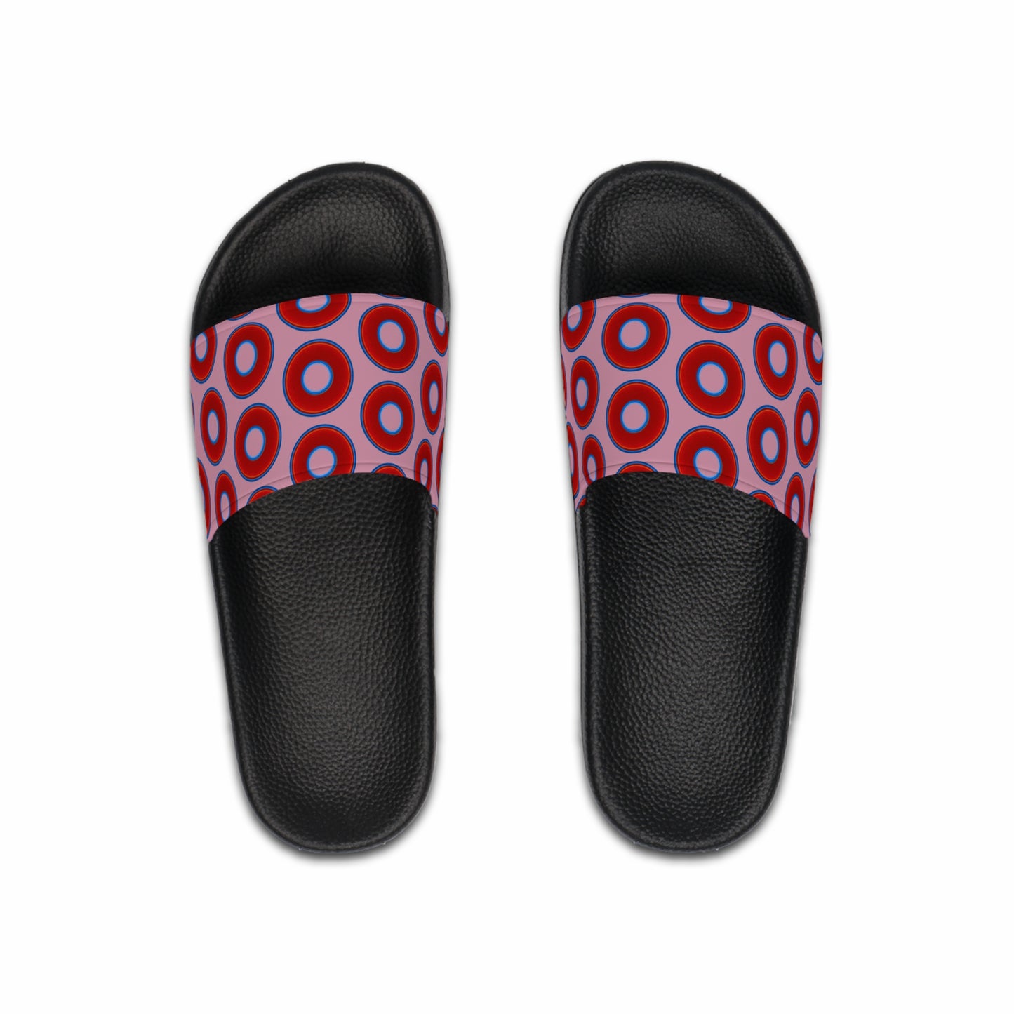 Men's Lumpy Sandals - slip-ons - red vivid donuts w/pale magenta background