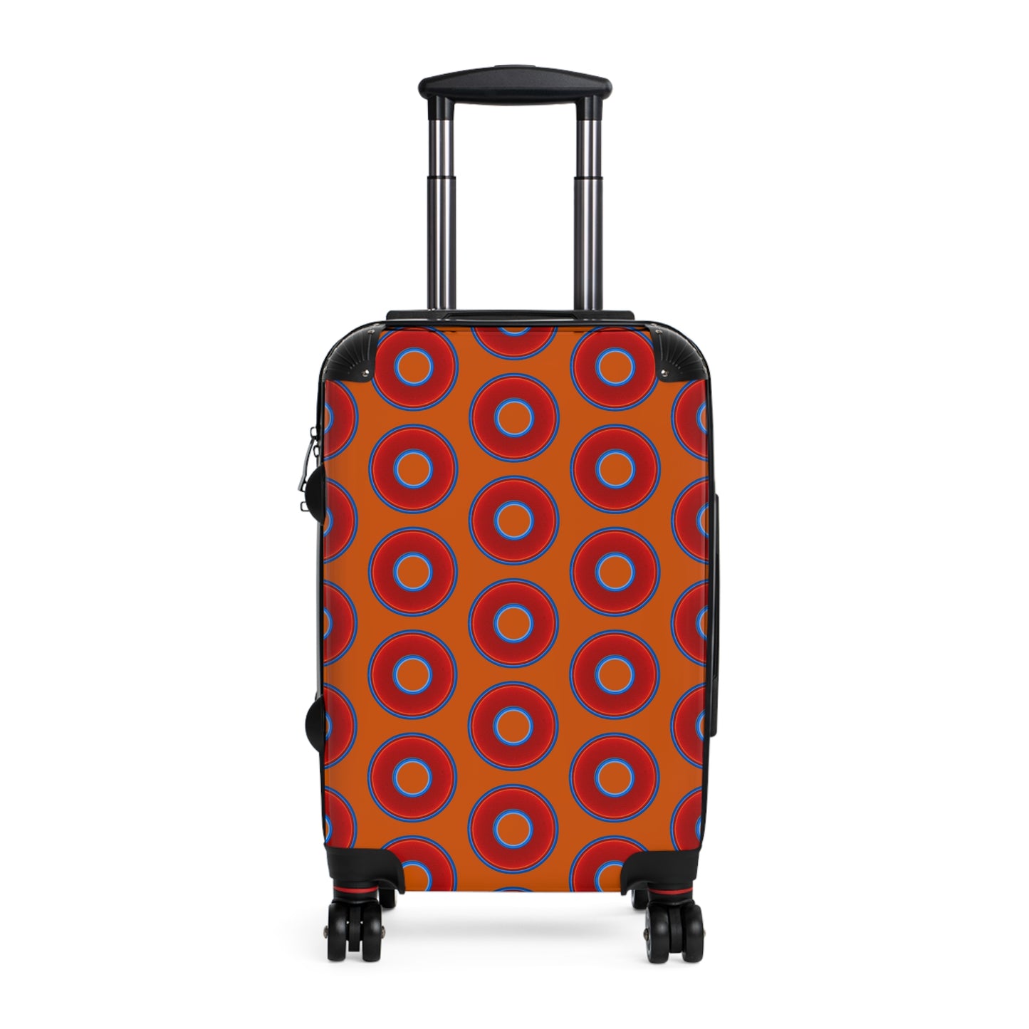 The Very Lumpy Donut Suitcase series - your choice of S, M or L - vivid red donut print w/dark orange background