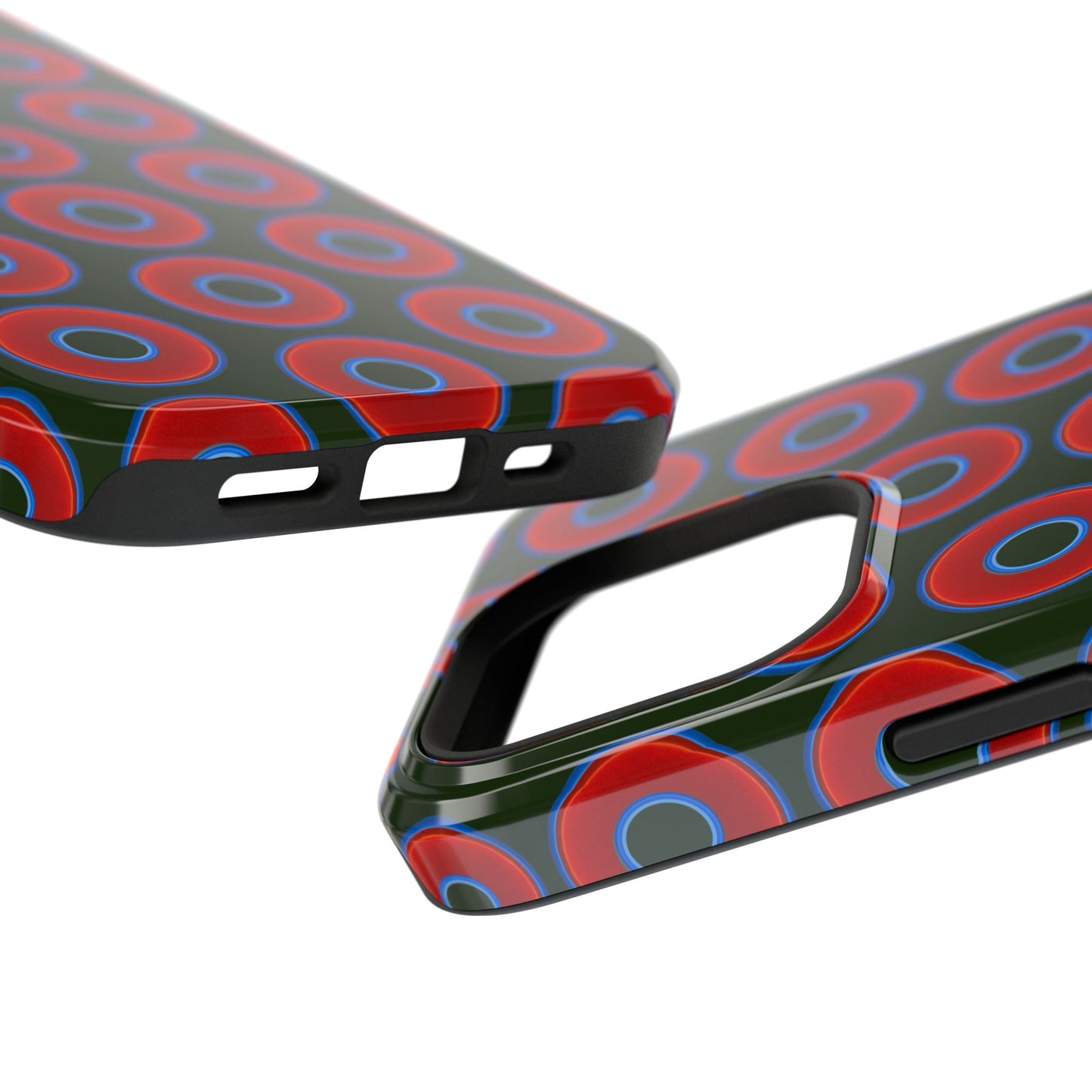 Impact-Resistant Lumpy Donut Case - red vivid donut print w/deep forest green background