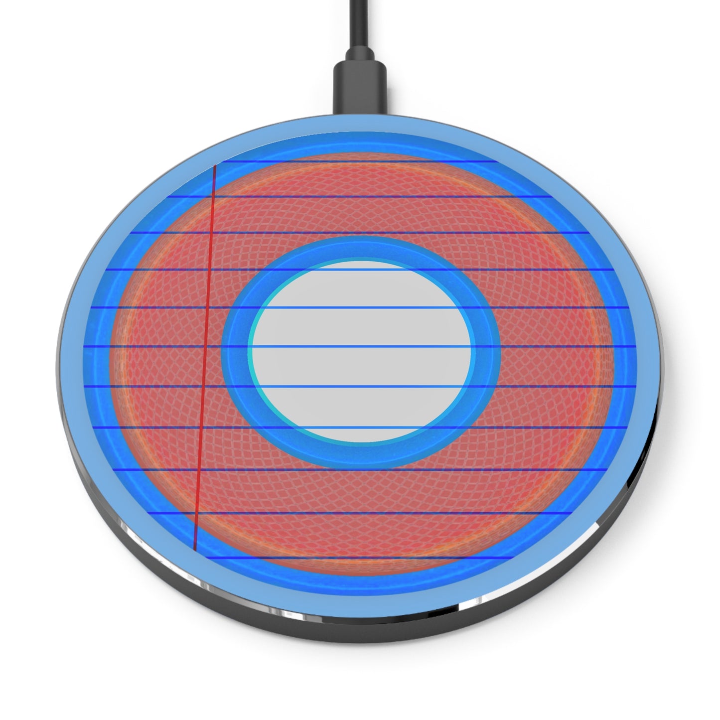 The Flow - Wireless Lumpy Donut Chargers - "Tasty Wireless Donut Charger" - rustic red donut w/light blue background - variant 2