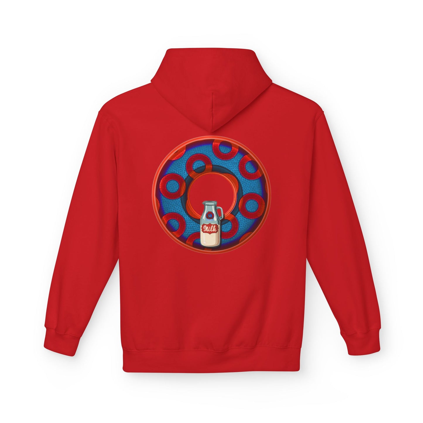 Fleece Harry Hoodies [Midweight Soft-style] - "Wooked Cream Dairy - YEMSG Donut" - blue/red rustic paradox donut - variant 1