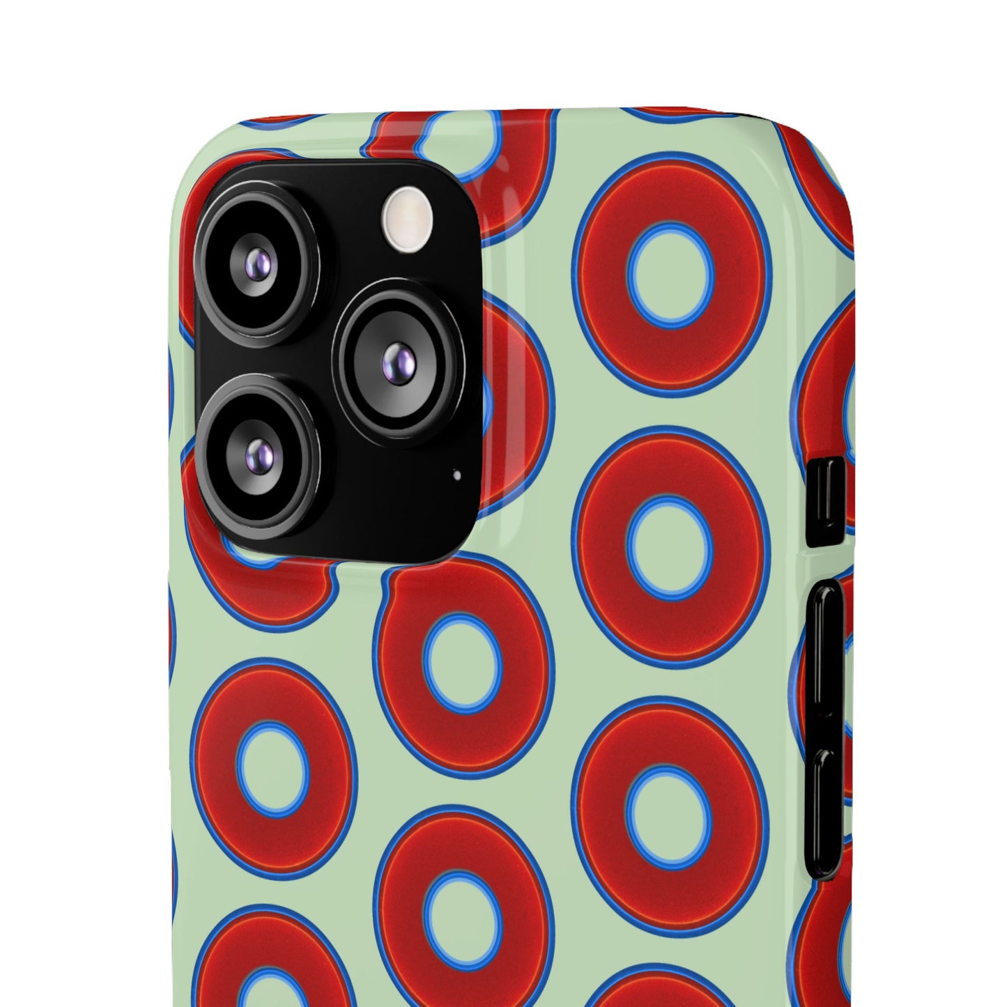 Lumpy Donut Snap Case - red vivid donut print w/seafoam green background