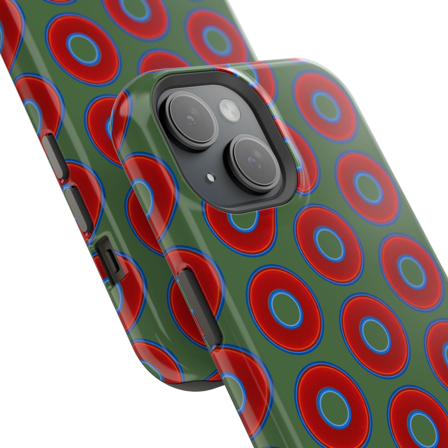 Impact-Resistant Lumpy Donut Case - red vivid donut print w/dark green background