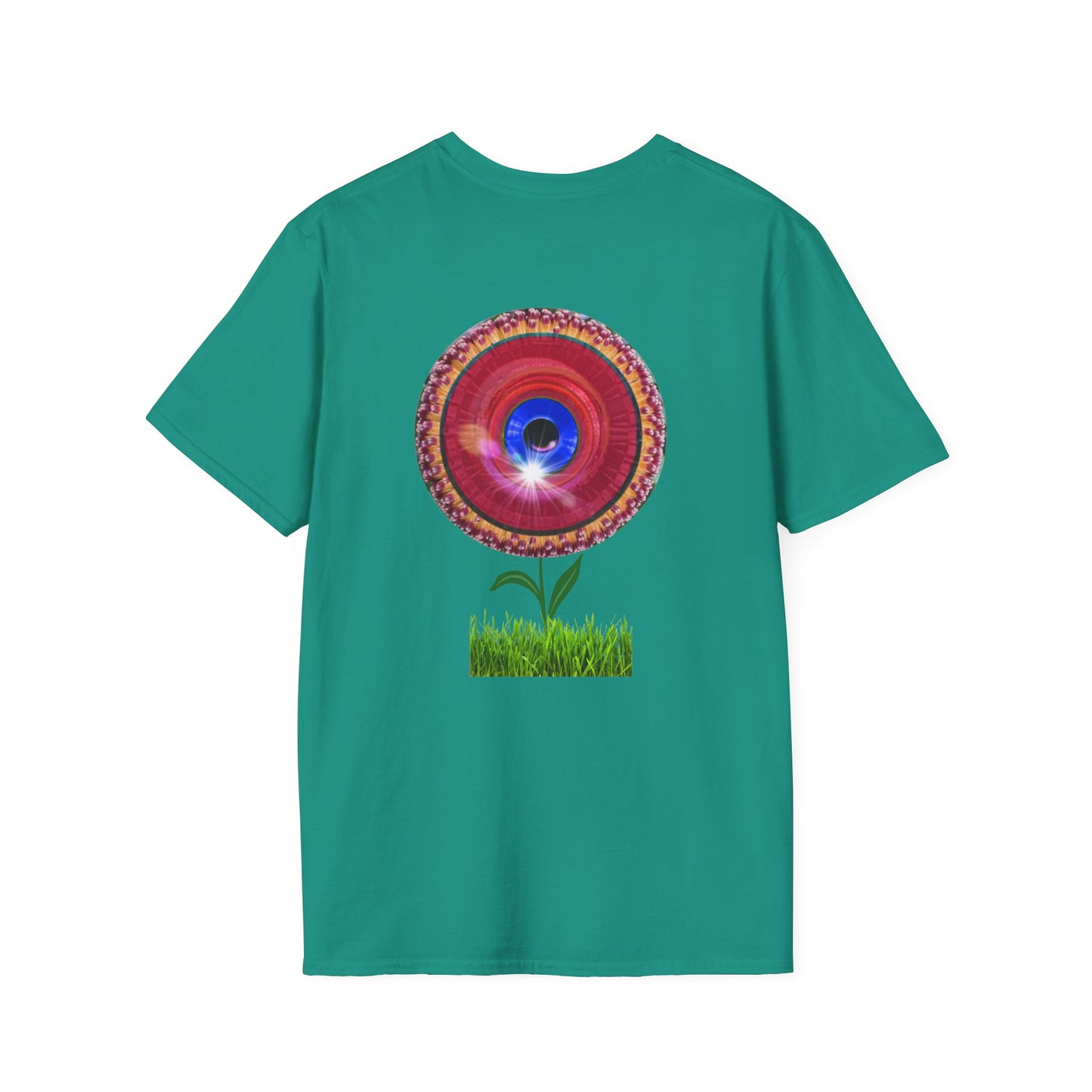 Classic Donut Tee - Unisex Soft-Style - "Smell the Donuts Outside on my Lawn"  " variant 1 - blue donut on red donut/flower