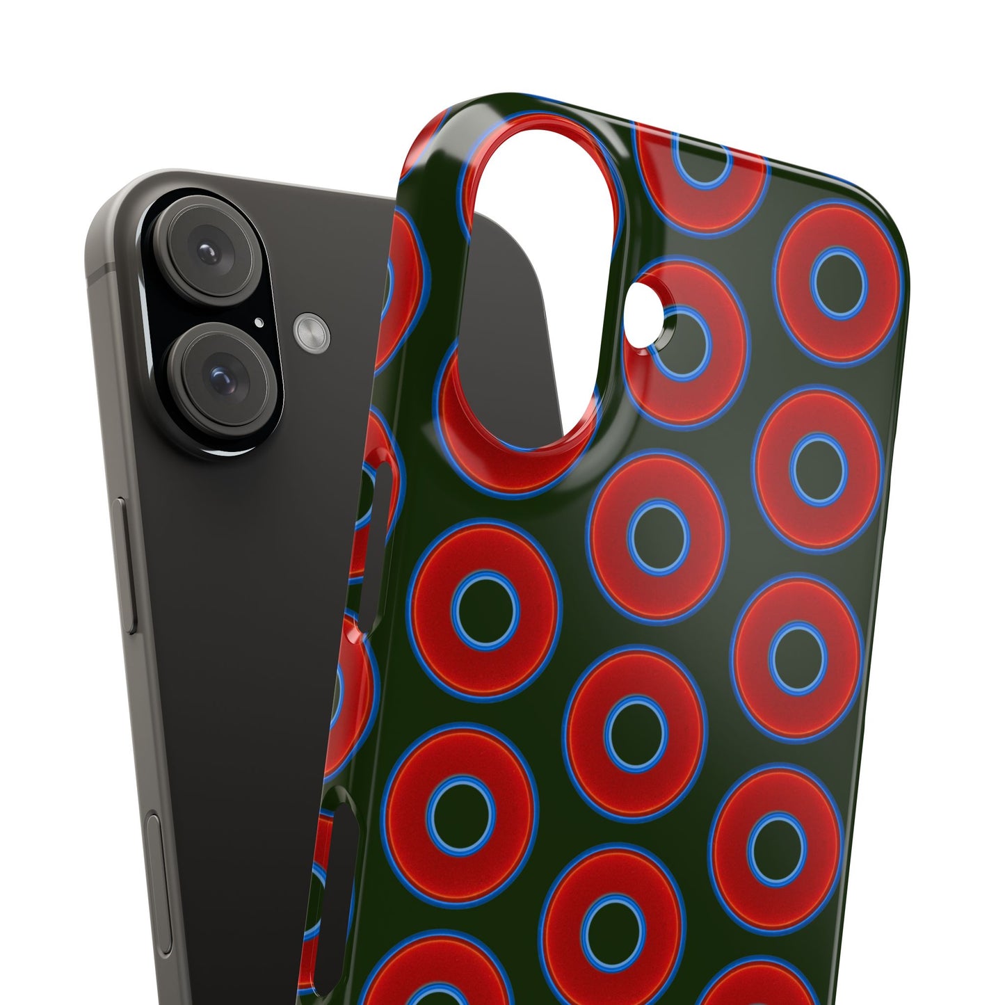 Lumpy Donut Snap Case - red vivid donut print w/deep forest green background