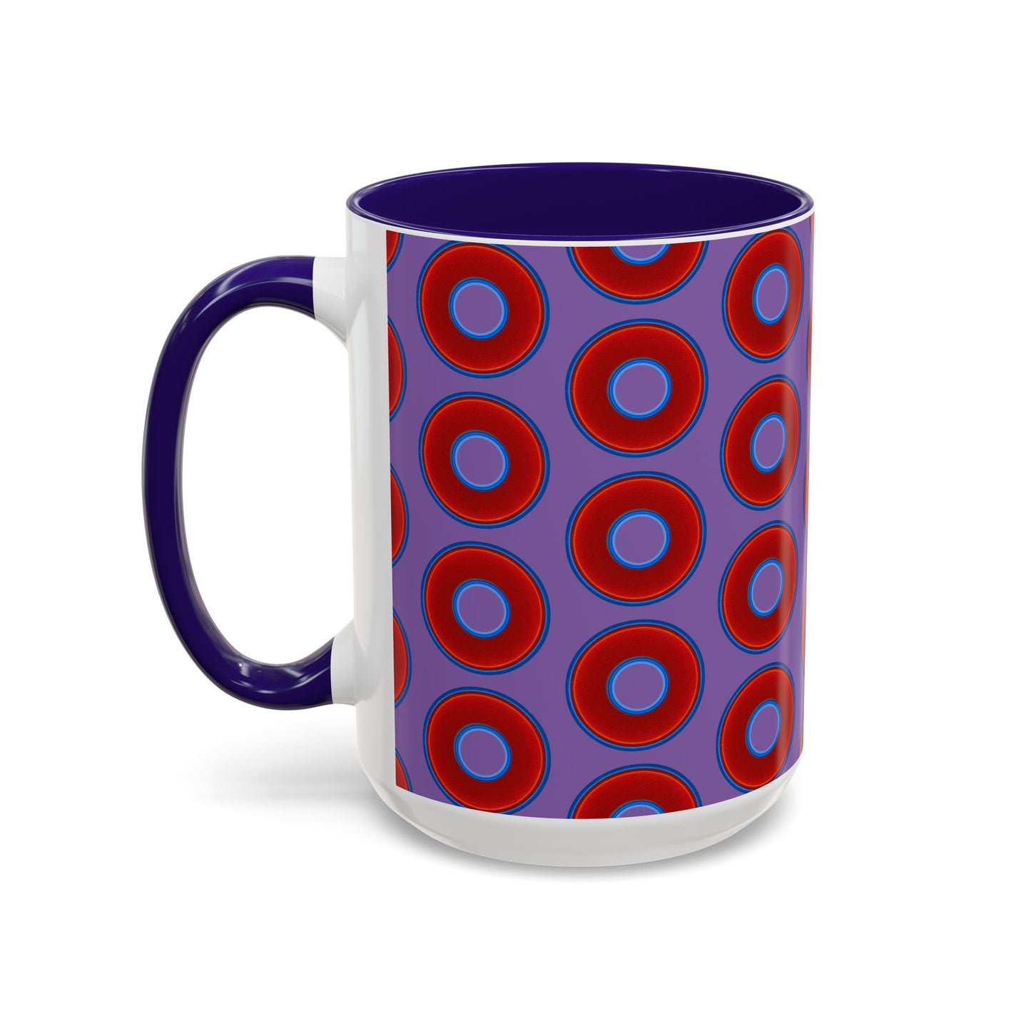 Lump's Grumpy Coffee Mug - vivid red donuts w/light purple background