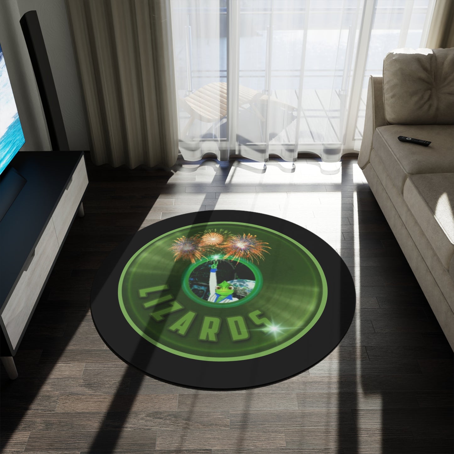 Round Room - 5 ft x 5 ft Lumpy Donut Rug - "Rutherford's Staying Alive Donut Rug" - vivid green record donut w/black background - variant 1