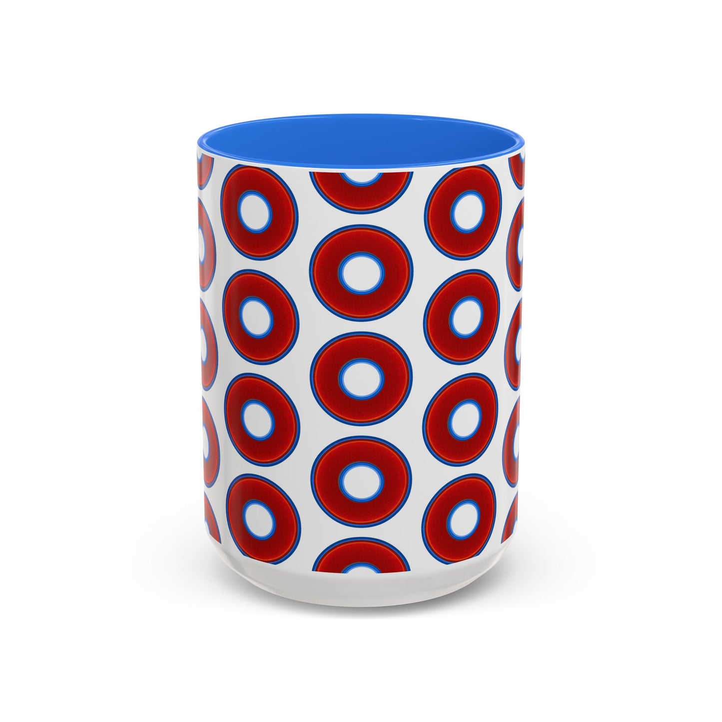 Lump's Grumpy Coffee Mug - vivid red donuts w/white background