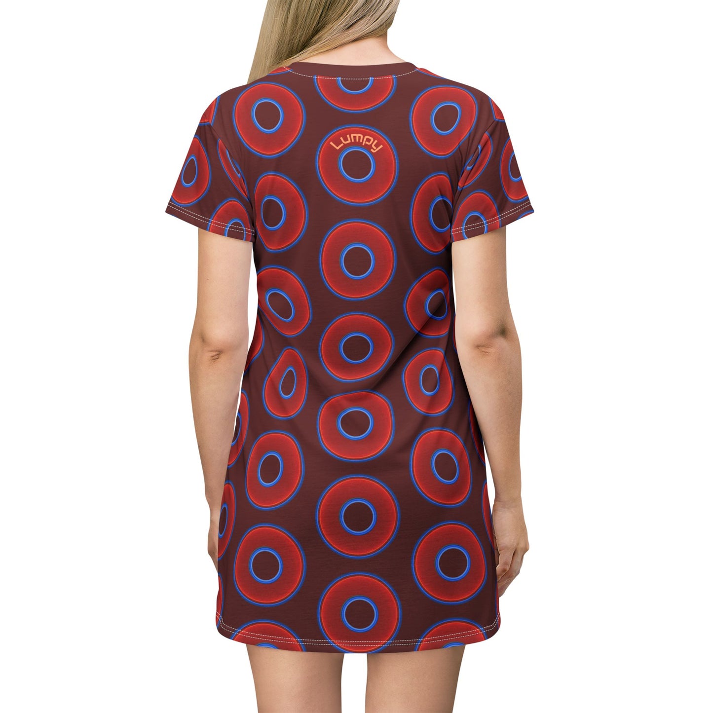 Not a Muumuu AOP Tee Shirt Dress - red vivid donuts w/dark red background