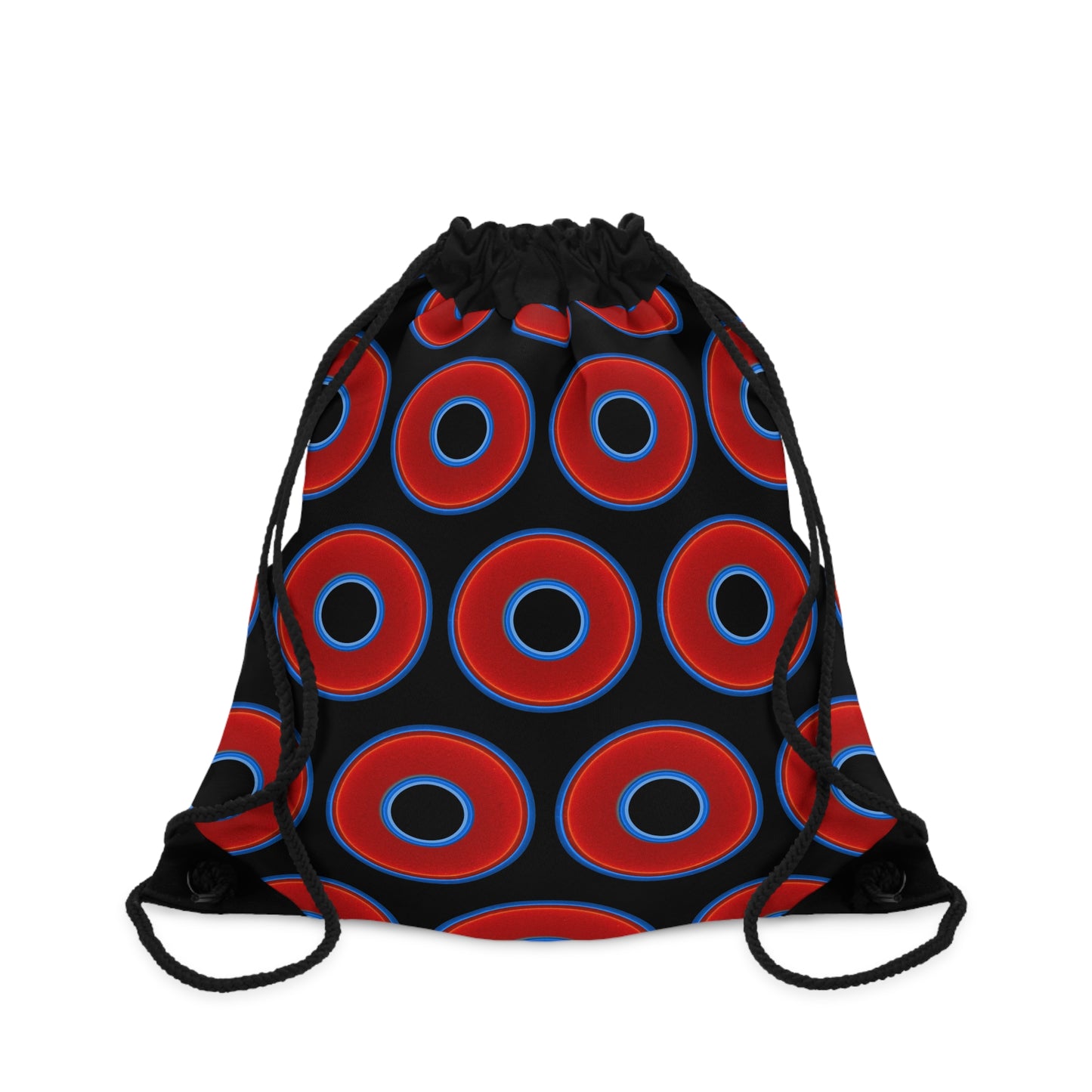 Lumpy Donut Drawstring Bag - red vivid donuts print w/black background