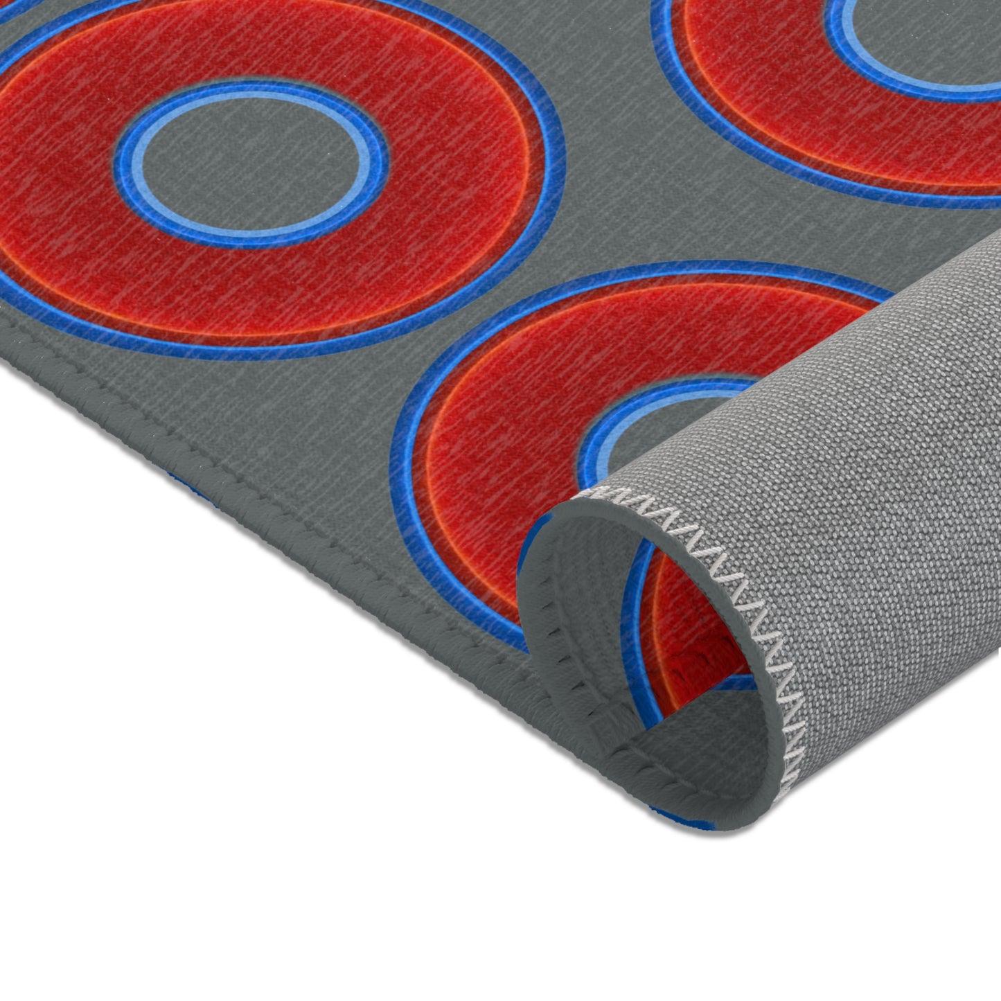 Lumpy Donut Print Rug - choice of 3 sizes - vivid red donut print w/dark gray background