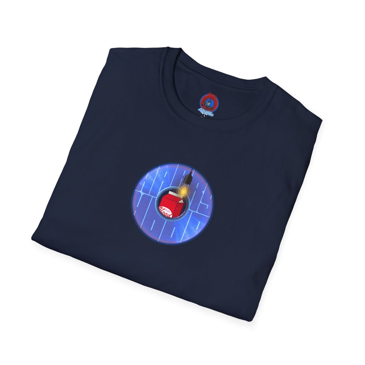 Classic Donut Tee - Unisex Soft-Style - "Harry Left His Donut Shirt" - series 1.0  - variant 4 - purple/blue donut - w/milk & light on