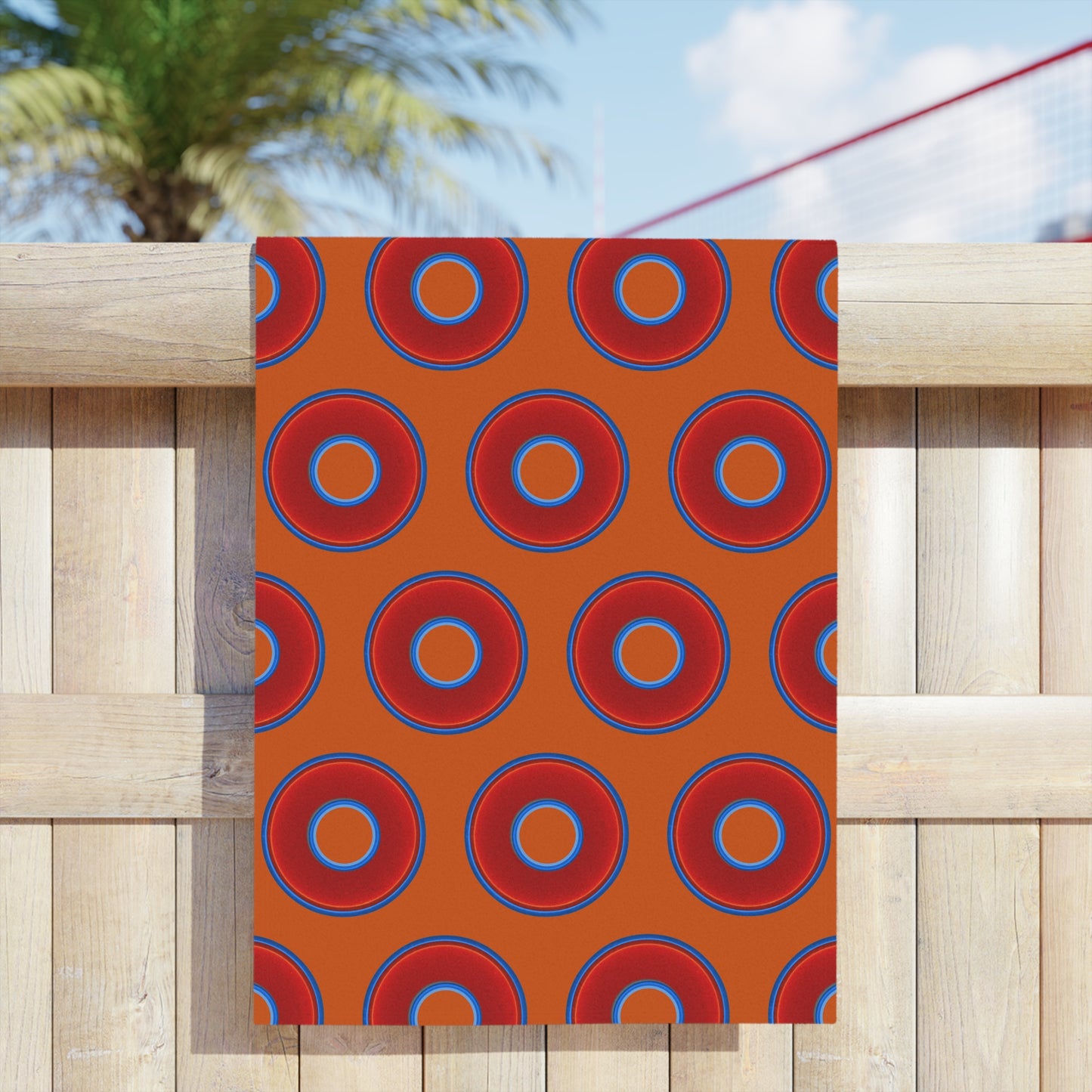 Lumpy Donut Towels - vivid red donuts w/dark orange background
