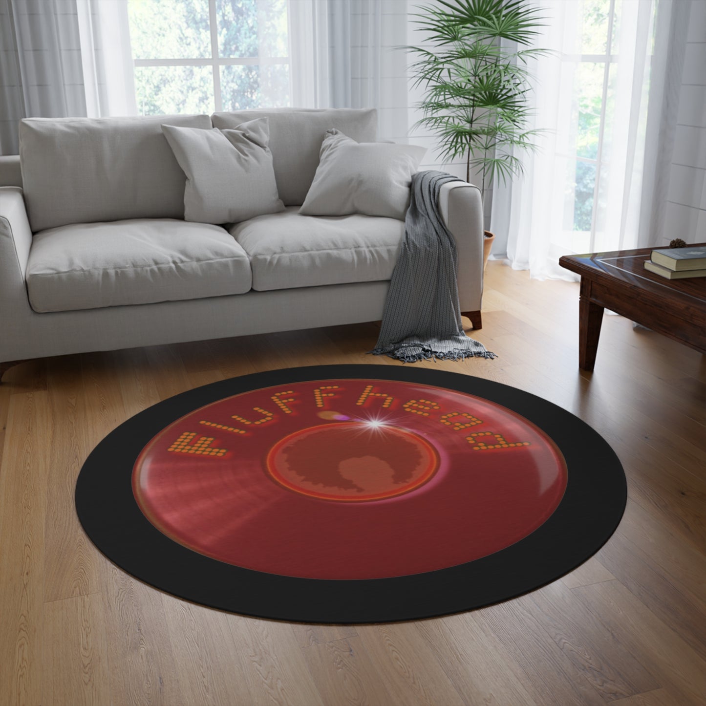 Round Room - 5 ft x 5 ft Lumpy Donut Rug - "The Fluffernutter Donut Rug" - vivid red record donut w/black background
