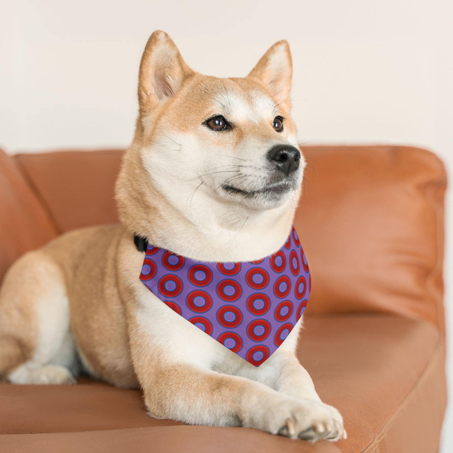 Jim's Lumpy Bandana Pet Collar - vivid red donuts w/light purple background