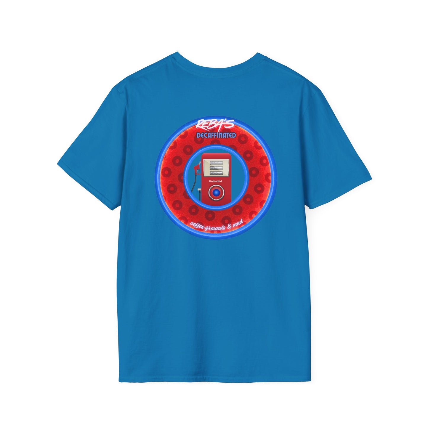 Coffee Traders Tee - Unisex Soft-Style - "Reba's Decaf: Coffee Grounds & Mud " - paradoxical donut - variant 2 - logo front/Reba back