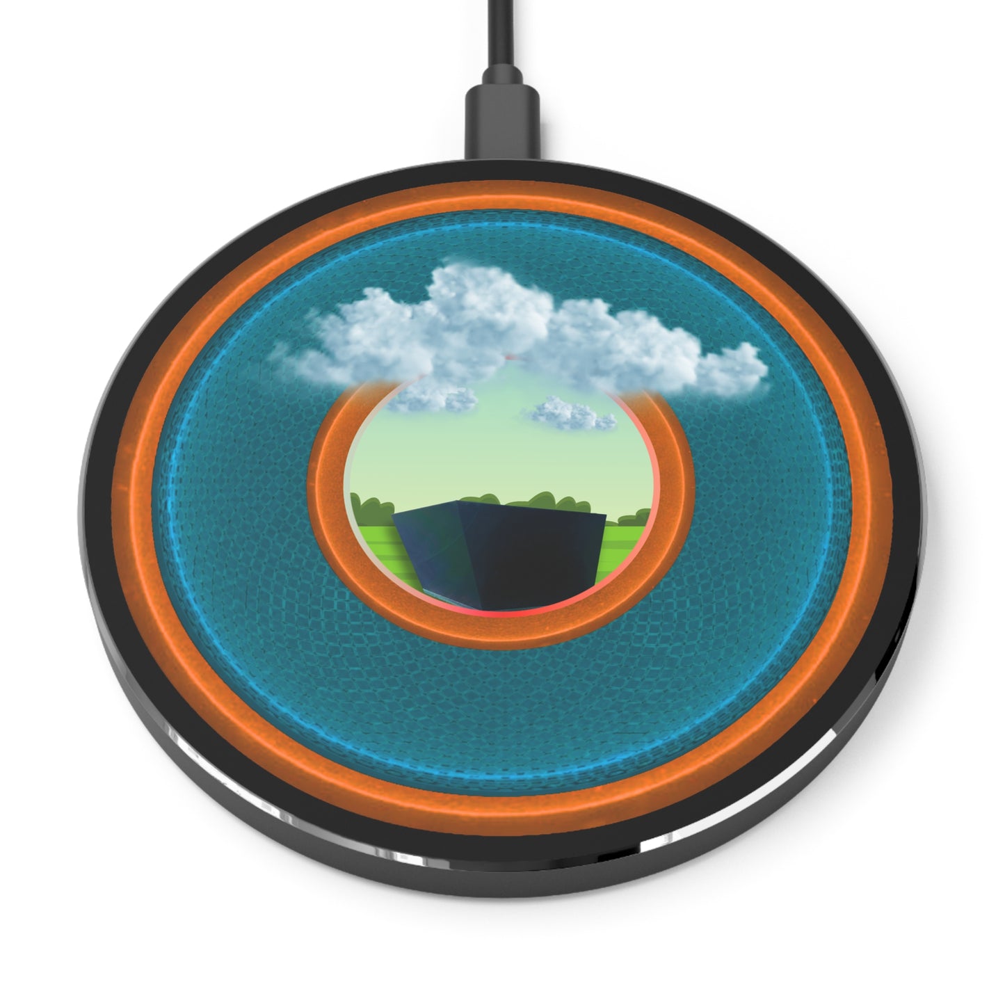 The Flow - Wireless Lumpy Donut Chargers - "Got Rhombus Wireless Charger?" - rustic blue/orange donut w/black background - variant 3