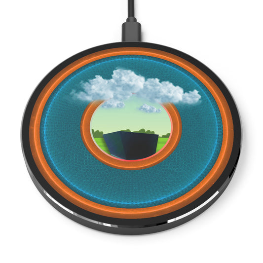 The Flow - Wireless Lumpy Donut Chargers - "Got Rhombus Wireless Charger?" - rustic blue/orange donut w/black background - variant 3