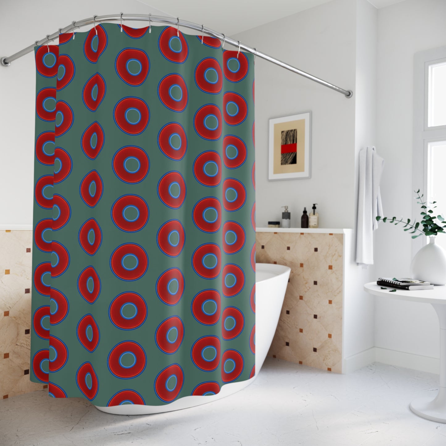 The Curtain With "Donuts" - Lumpy Bath Time Fun - vivid red donuts w/Fenway green background