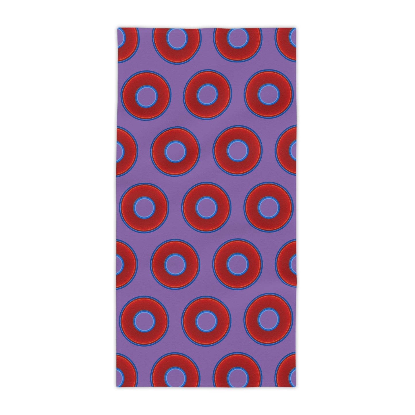 Lumpy Donut Towels - vivid red donuts w/light purple background