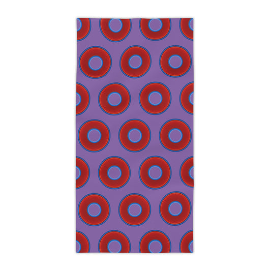 Lumpy Donut Towels - vivid red donuts w/light purple background