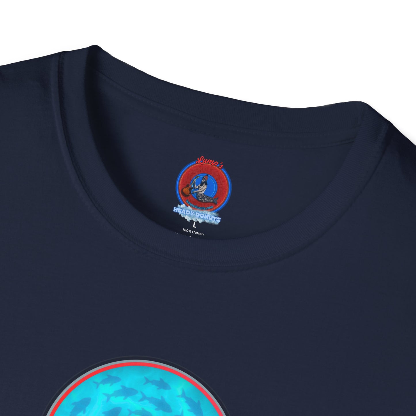 Classic Donut Tee - Unisex Soft-Style - "Skoolie of Phishies" - vivid sea donut - w/light blue water - variant 1