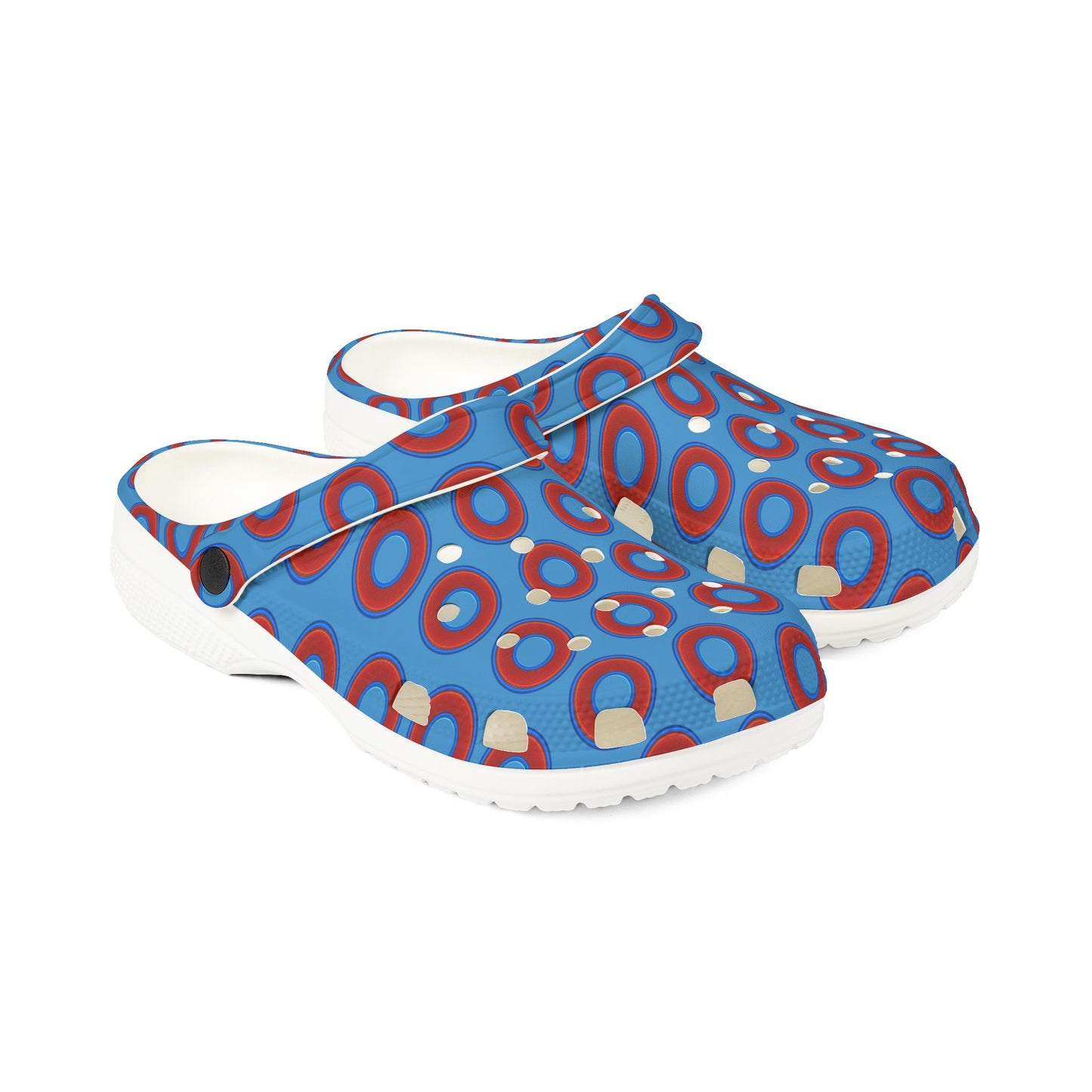 Spatchcocks - donut slip-on shoes - red rustic donuts w/light steel blue background [unisex]