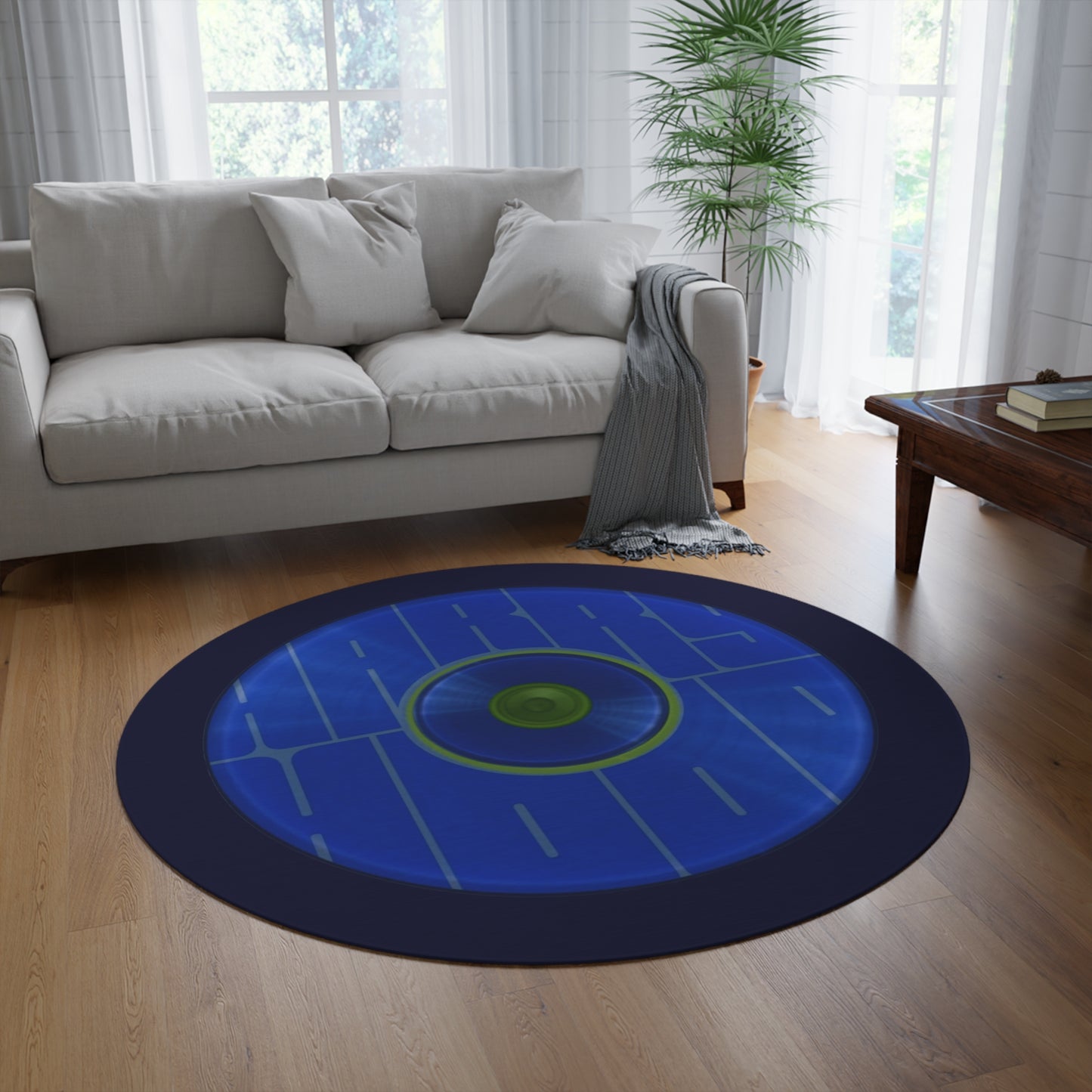 Round Room - 5 ft x 5 ft Lumpy Donut Rug - "Harry's Hoodlum Donut Rug" - vivid blue word donut w/dark navy background - variant 5