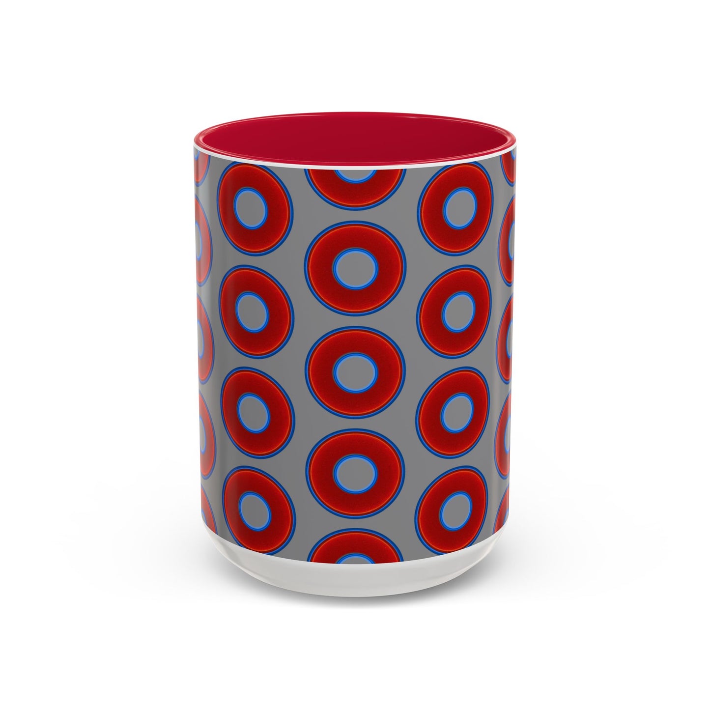 Lump's Grumpy Coffee Mug - vivid red donuts w/gray background