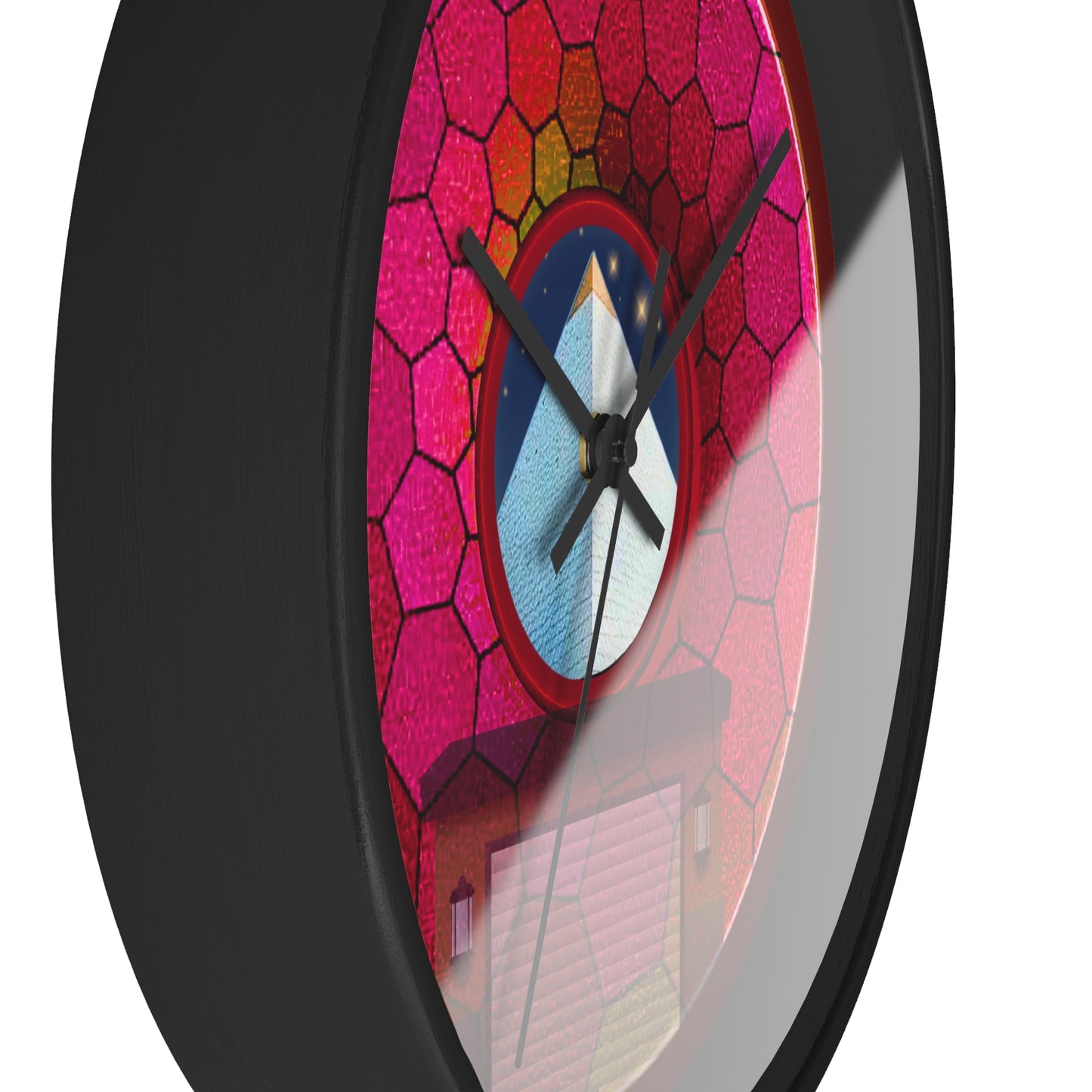 Lumpy Wall Clock - "Limestone Donut Clocks so Large" - variant 6 - magenta hexadonut w/dark crimson background