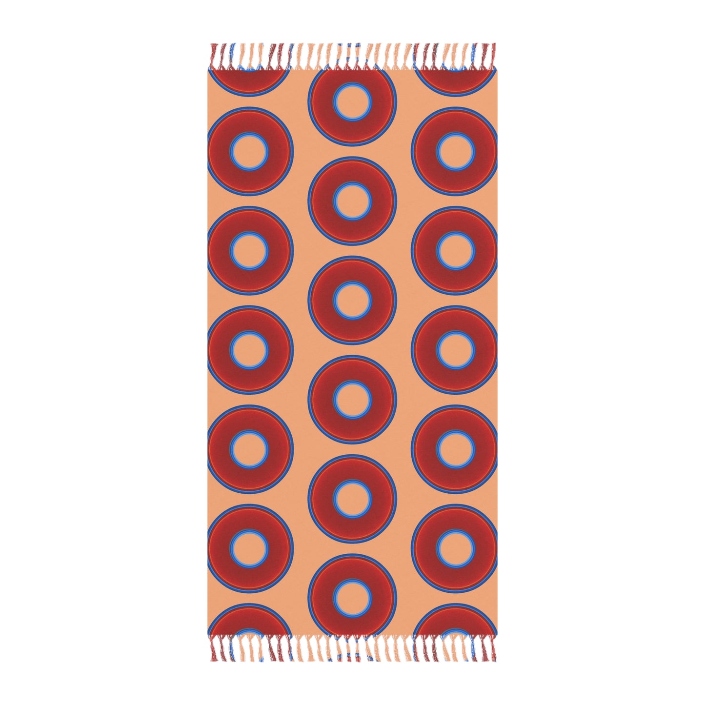 Oversized Lumpy Beach Towel - vivid red donuts w/peach background