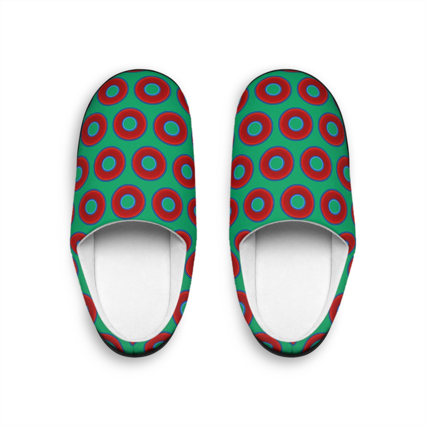 Women's Lumpy Slippers - red vivid donut print w/jade green background