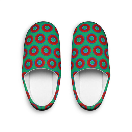 Women's Lumpy Slippers - red vivid donut print w/jade green background