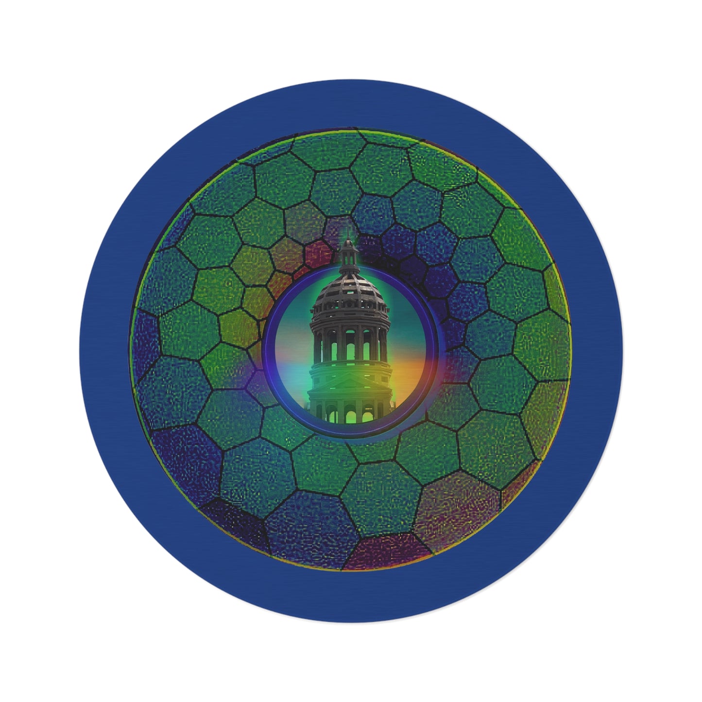 Round Room - 5 ft x 5 ft Lumpy Donut Rug - "Save Mondegreen City Hall Donut Rug" - green hexadonut w/dark blue background - variant 2
