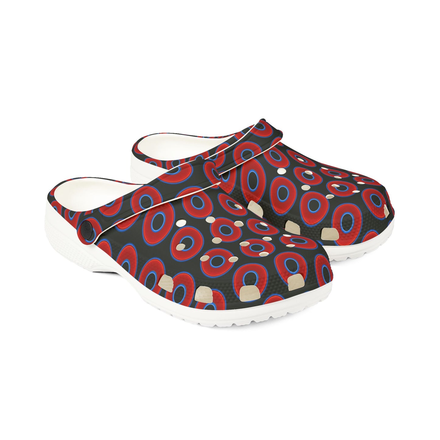 Spatchcocks - donut slip-on shoes - vivid red donuts w/midnight moss green background [unisex]