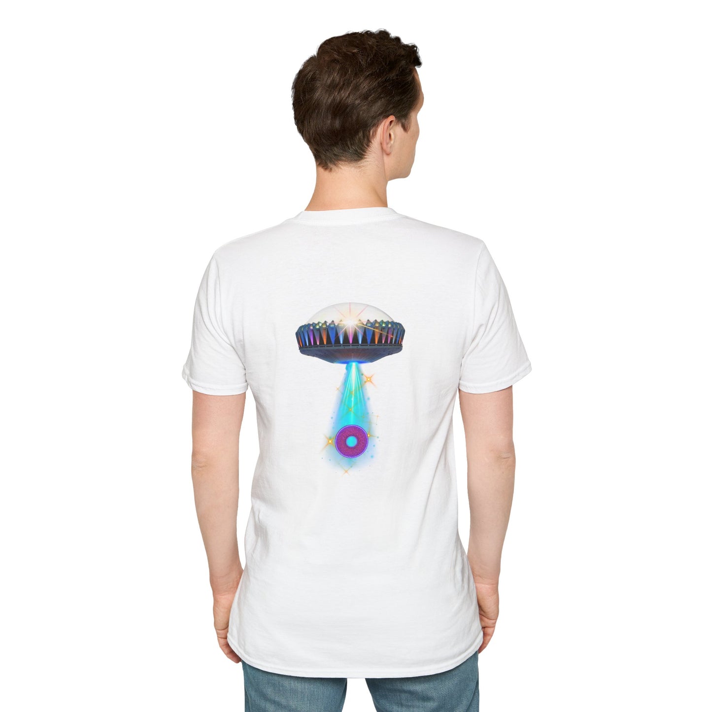 Classic Donut Tee - Unisex Soft-Style - "Donuts now Served on the Mothership" - series 1.0  - variant 6  - tractor-beamed donut