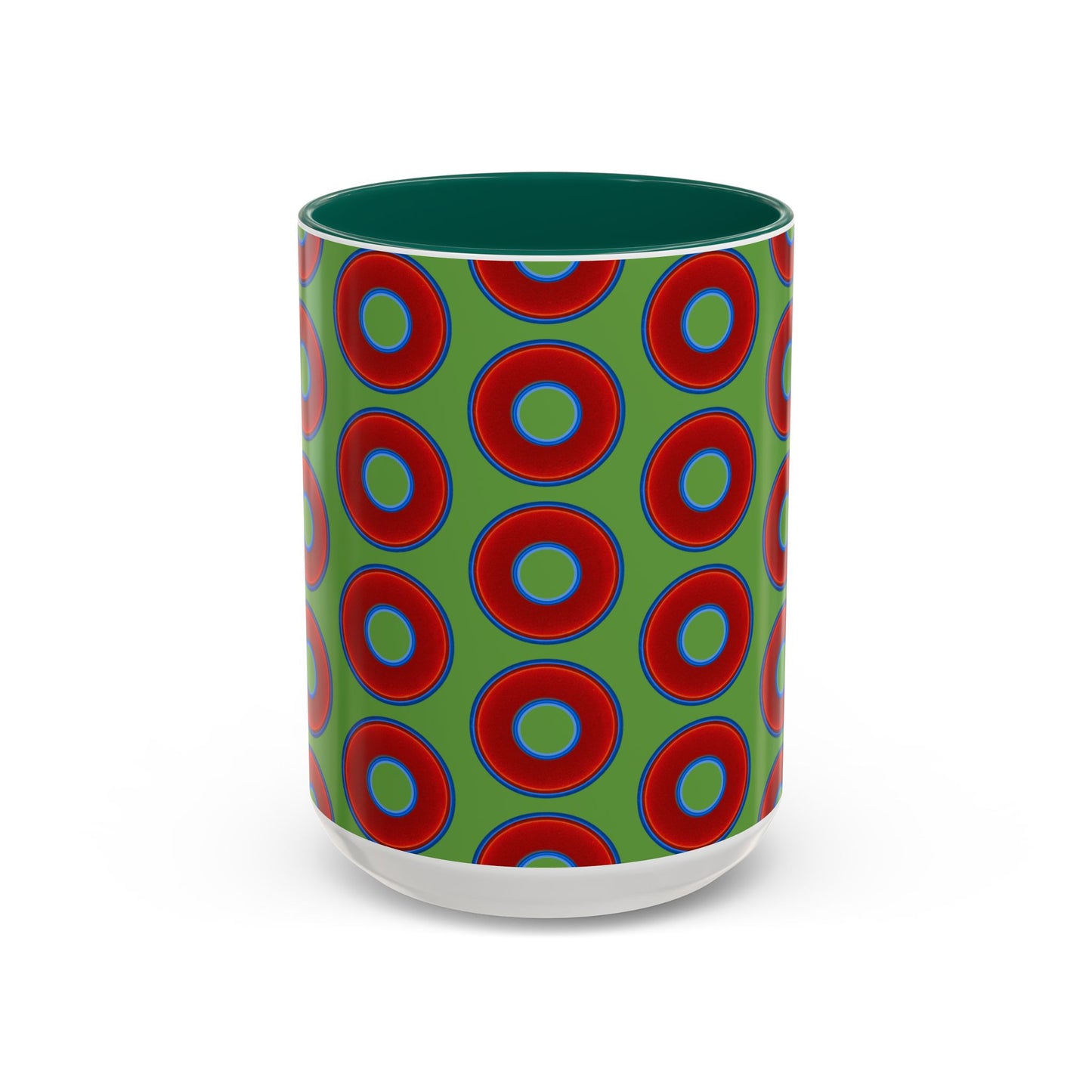Lump's Grumpy Coffee Mug - vivid red donuts w/light green background